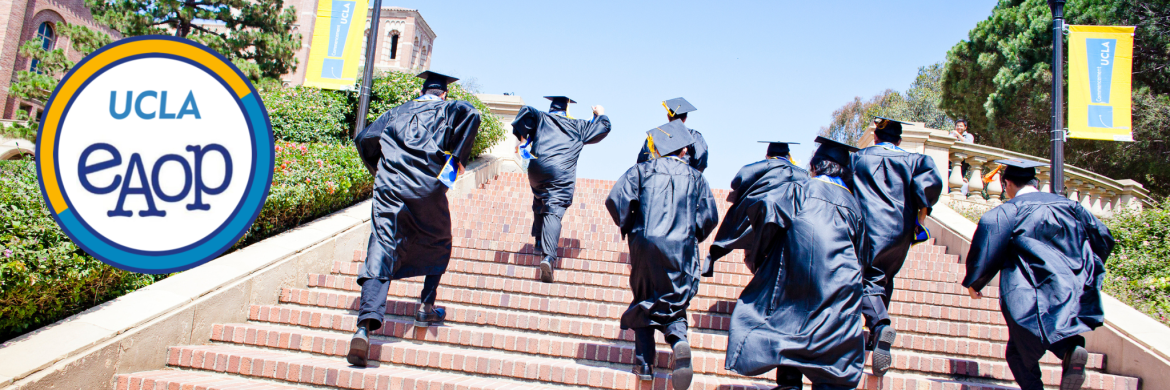 Graduating students running up Tongva steps at UCLA